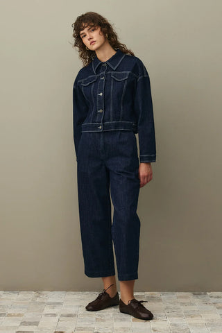 Oversize Kısa Denim Ceket Koyu Mavi