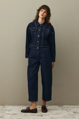 Oversize Kısa Denim Ceket Koyu Mavi