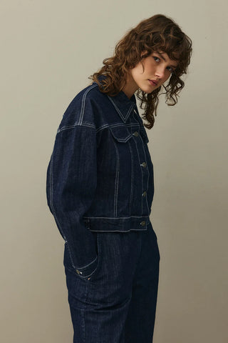 Oversize Kısa Denim Ceket Koyu Mavi