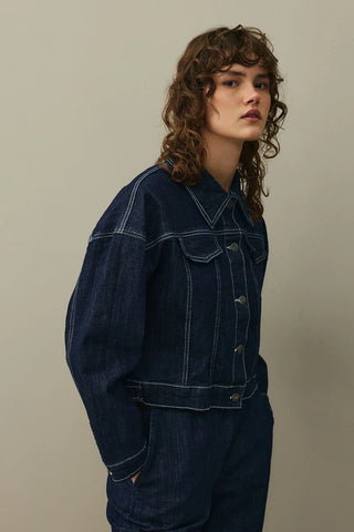 Oversize Kısa Denim Ceket Koyu Mavi