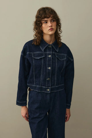 Oversize Kısa Denim Ceket Koyu Mavi