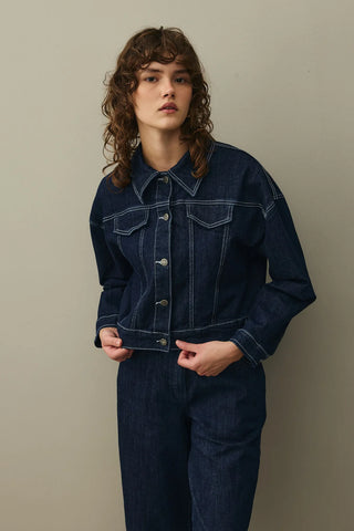Oversize Kısa Denim Ceket Koyu Mavi