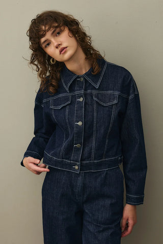 Oversize Kısa Denim Ceket Koyu Mavi