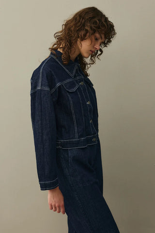 Oversize Kısa Denim Ceket Koyu Mavi