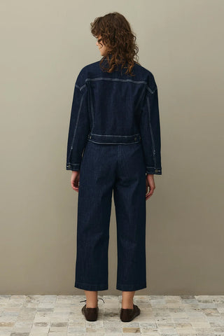 Oversize Kısa Denim Ceket Koyu Mavi