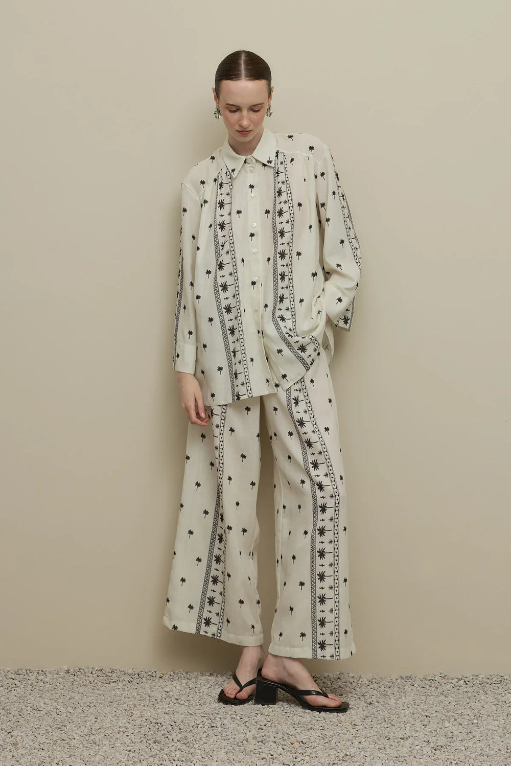 Palm Pattern Shirt Set Stone