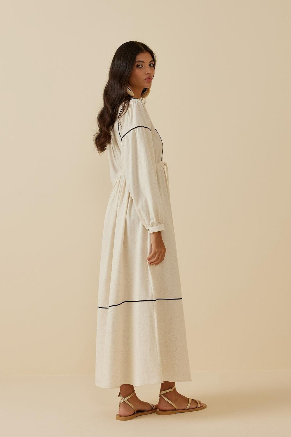 Beige Linen Dress with Patchwork Piping