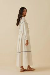 Parçalı Biyeli Keten Elbise Bej