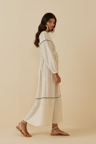 Beige Linen Dress with Patchwork Piping