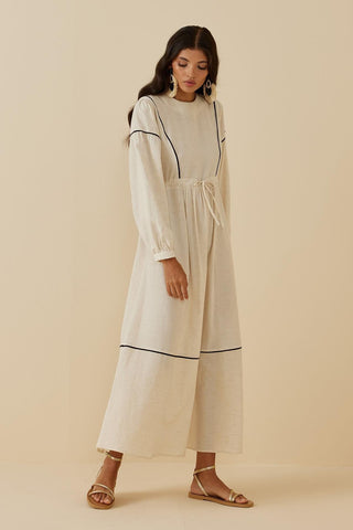 Beige Linen Dress with Patchwork Piping