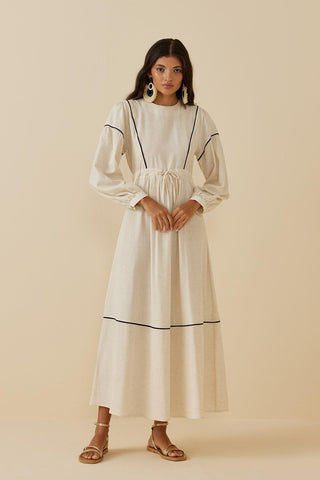 Beige Linen Dress with Patchwork Piping