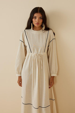 Beige Linen Dress with Patchwork Piping