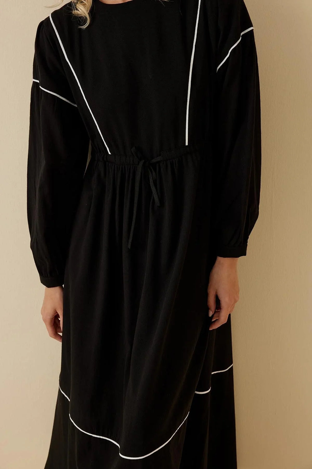 Black Linen Dress with Patchwork Piping