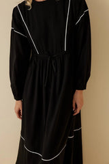 Parçalı Biyeli Keten Elbise Siyah