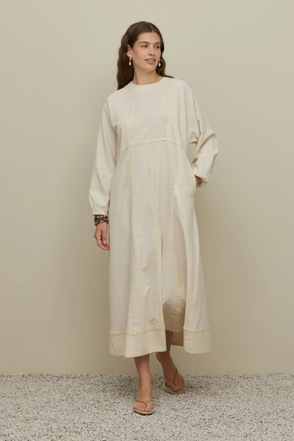 Beige Linen Dress with Patchwork