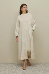 Parçalı Keten Elbise Bej