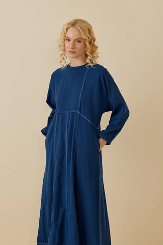 Parçalı Keten Elbise Mavi - Fahhar Design