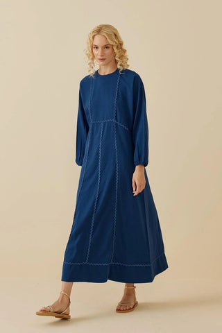 Parçalı Keten Elbise Mavi - Fahhar Design