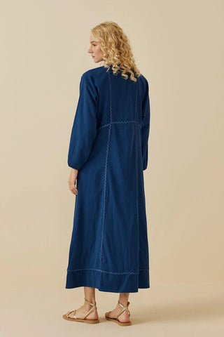 Parçalı Keten Elbise Mavi - Fahhar Design