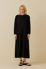 Parçalı Keten Elbise Siyah