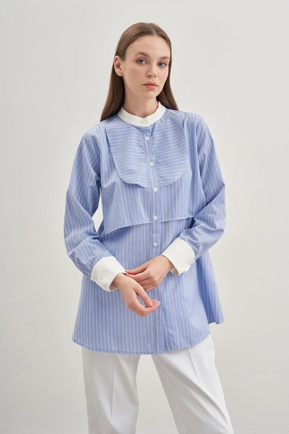 Striped Light Blue Shirt with Pieced Windbreaker Detail