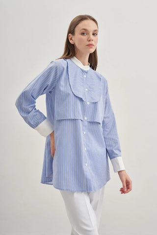 Parçalı Rüzgarlık Detaylı Gömlek Çizgili Açık Mavi - Fahhar Design