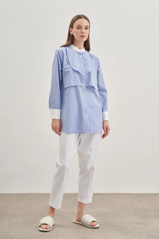 Parçalı Rüzgarlık Detaylı Gömlek Çizgili Açık Mavi - Fahhar Design