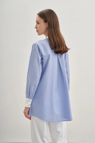Parçalı Rüzgarlık Detaylı Gömlek Çizgili Açık Mavi - Fahhar Design