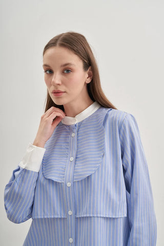 Parçalı Rüzgarlık Detaylı Gömlek Çizgili Açık Mavi - Fahhar Design