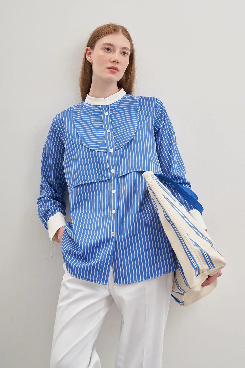 Striped Dark Blue Shirt with Pieced Windbreaker Detail