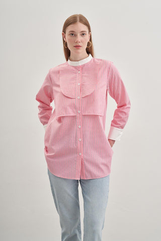Parçalı Rüzgarlık Detaylı Gömlek Çizgili Pembe - Fahhar Design