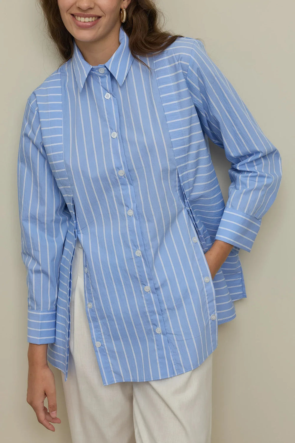 Placket Detailed Striped Shirt Blue