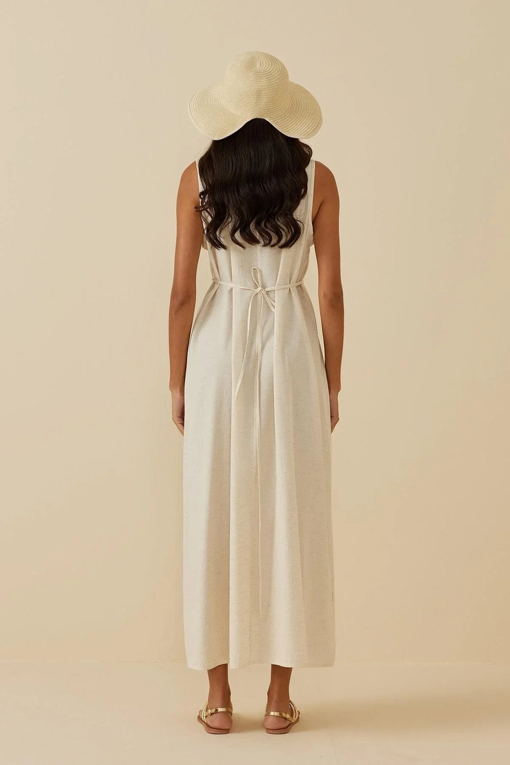 Beige Linen Dress with Plaid