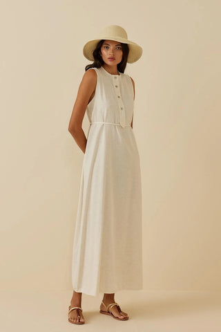 Patlı Keten Elbise Bej - Fahhar Design