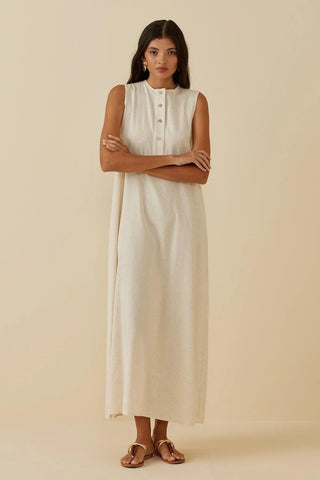 Patlı Keten Elbise Bej - Fahhar Design