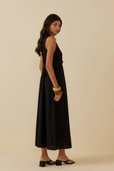 Patlı Keten Elbise Siyah