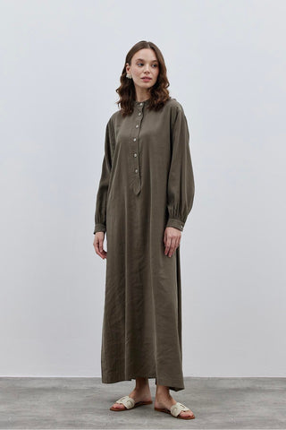 Patlı Modal Gömlek Elbise Haki - Fahhar Design