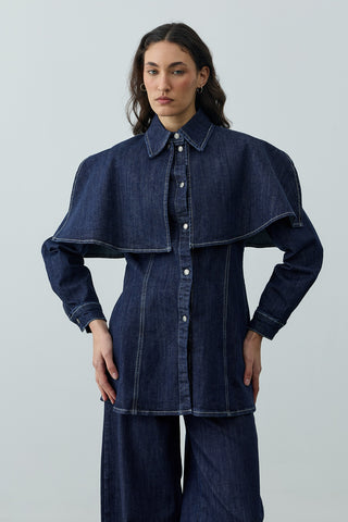 Pelerin Detaylı Denim Gömlek Ceket Lacivert