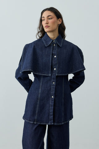 Pelerin Detaylı Denim Gömlek Ceket Lacivert