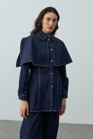 Pelerin Detaylı Denim Gömlek Ceket Lacivert