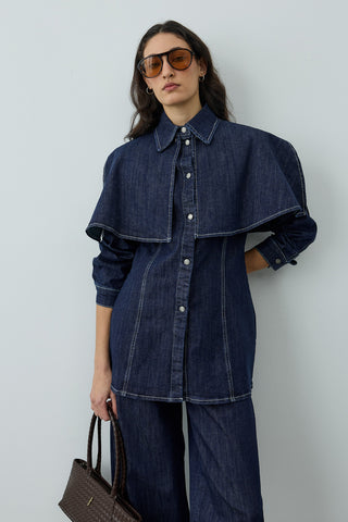 Pelerin Detaylı Denim Gömlek Ceket Lacivert