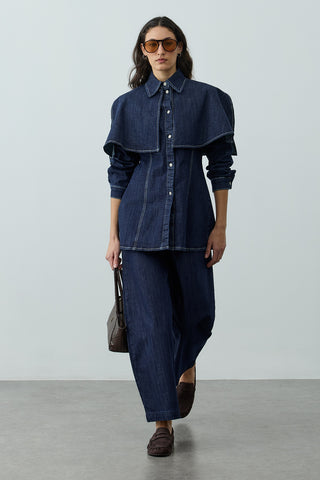 Pelerin Detaylı Denim Gömlek Ceket Lacivert