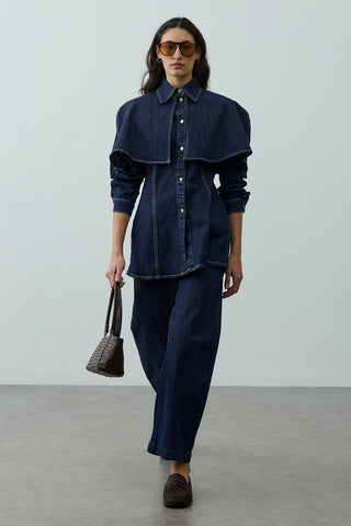 Pelerin Detaylı Denim Gömlek Ceket Lacivert