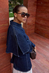 Pelerin Detaylı Denim Gömlek Ceket Lacivert