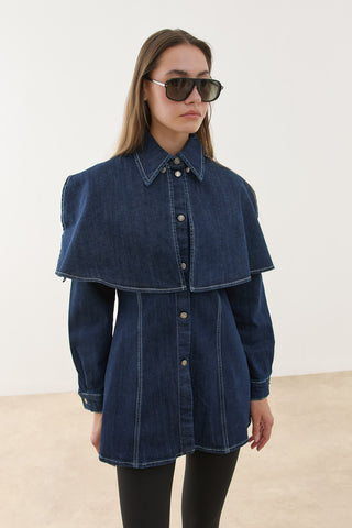 Pelerin Detaylı Denim Gömlek Ceket Lacivert