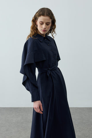 Pelerin Detaylı Elbise Lacivert
