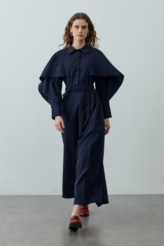 Pelerin Detaylı Elbise Lacivert