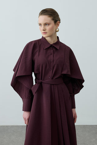 Pelerin Detaylı Elbise Mürdüm