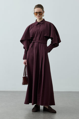 Pelerin Detaylı Elbise Mürdüm