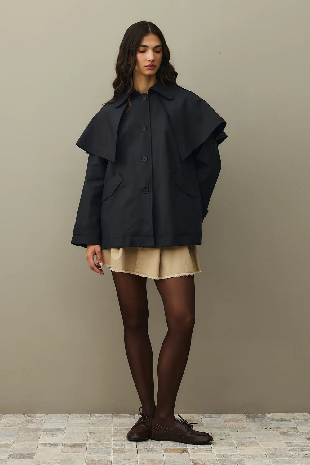Cape Detailed Trench Coat Dark Navy Blue